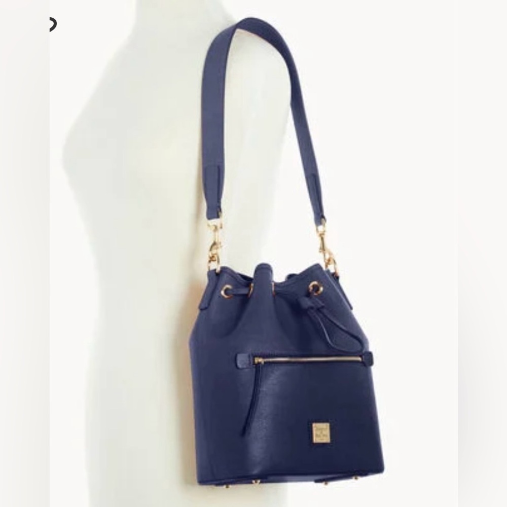 Dooney & Bourke Saffiano Drawstring Blue Leather Bucket Bag with Gold Hardware - Picture 4 of 4